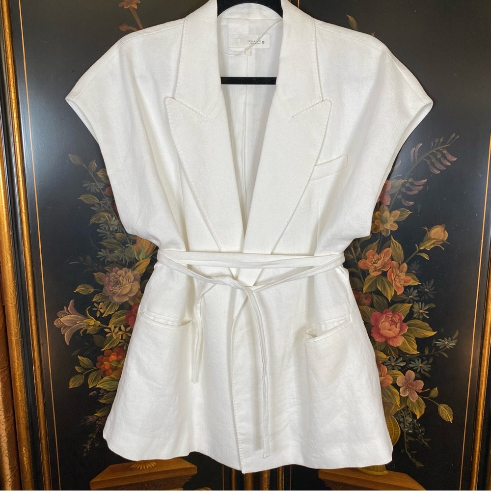 Zara Linen Blend Belted Sleeveless Blazer